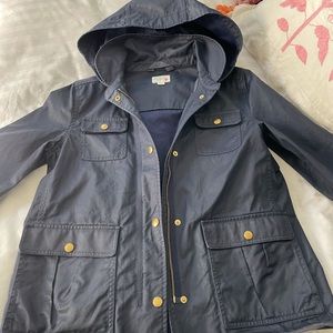 J Crew girls navy blue oilcloth rain jacket, size 14.